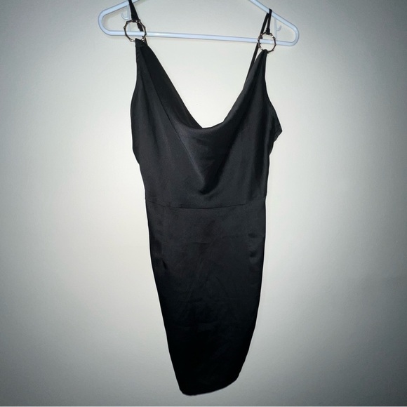 PrettyLittleThing Black Satin Cowl Neck Ring Detail Bodycon Dress Size 6 - Picture 12 of 13